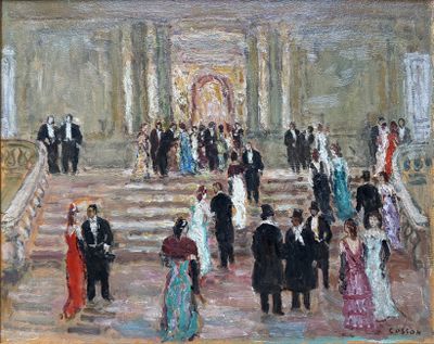 une peinture à l'huile représentant un groupe de personnes en tenue de cérémonie descendant un escalier