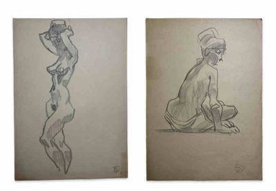 deux dessins représentant une femme assise par terre et un homme assis par terre