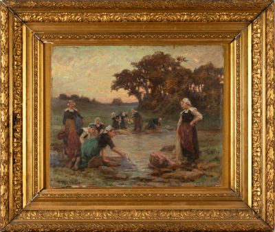 an oil painting of a group of people in a field by a river