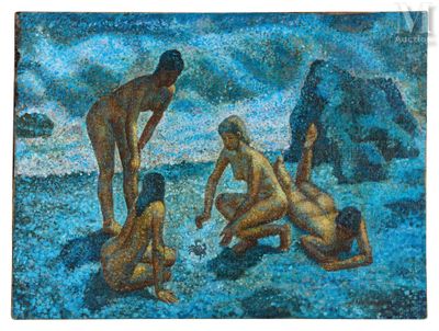 tableau représentant un groupe d'hommes et de femmes nus sur la plage