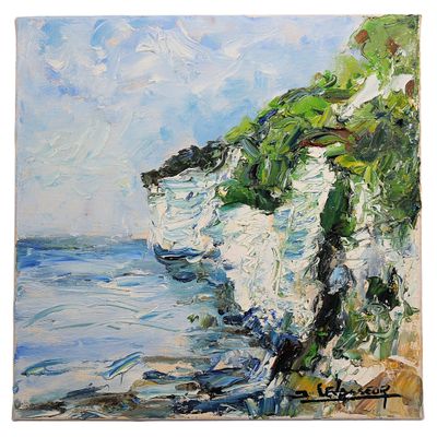 a painting of a painting of a cliff on a beach