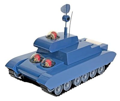 a toy tank that is sitting on a white surface