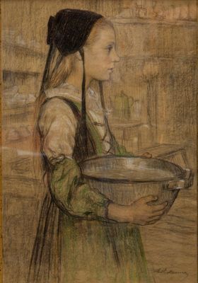 an image of a painting of a woman holding a bowl