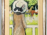 tableau représentant une femme coiffée d'un chapeau et un cheval dans un enclos