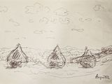 drawing of three boats in a body of water under a cloudy sky