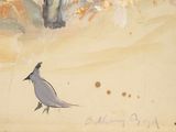 a painting of a bird standing next to a bird on a beach