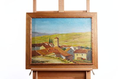 a picture of a painting on an easel on a white background