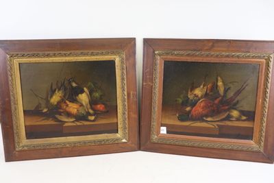 pair of oil paintings of pheasants and pheasants on a table
