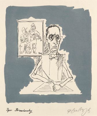 drawing of a man sitting at a desk with a drawing on the wall behind him