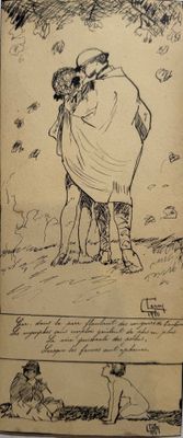 an old book with a drawing of a man hugging a woman