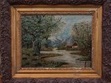 an oil painting of a landscape with a river and a cabin