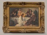 an image of a painting of a woman kneeling in front of a group of people