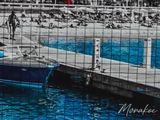 a black and white photo of a boat docked at a pier