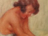 an oil painting of a woman sitting on a bed with her legs crossed