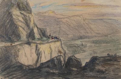 drawing of a cliff with a group of people standing on top of it