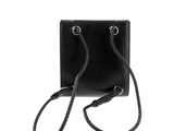 a black purse with a rope around the strap