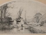 an old drawing of a man standing in a river next to a building