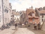 un tableau représentant une scène de rue avec des passants