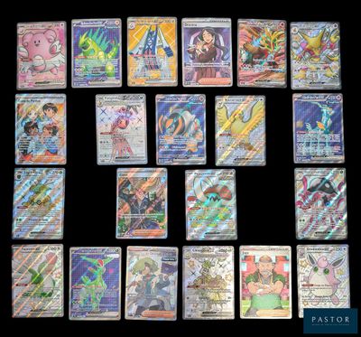 Les cartes Pokémon sont toutes alignées sur un fond noir.