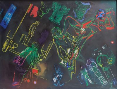 a chalk drawing of a group of people on a blackboard