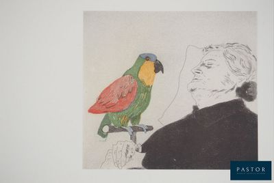 un dessin représentant un perroquet perché sur l'épaule d'un homme