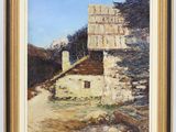 an oil painting of a stone building in a mountainous landscape