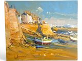 une peinture représentant une peinture d'un bateau sur la plage