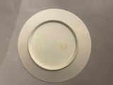 a white plate that has a yellow spot on it