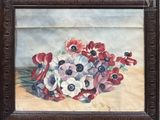 tableau représentant un bouquet de fleurs rouges et blanches dans un cadre marron