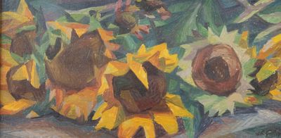 tableau représentant des tournesols dans un vase posé sur une table