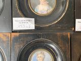 six framed miniature portraits of a woman in a blue dress and a lady in a white dress