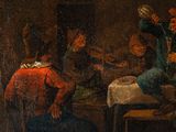 a painting of a group of people sitting around a table