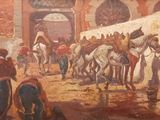 un tableau représentant un groupe de personnes à cheval dans une cour
