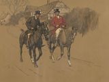 painting of two men riding horses in front of a house