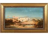 a painting of a desert scene with a castle in the distance