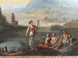 painting of a group of people sitting on the shore of a lake