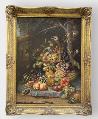 painting of a still life of fruits and vegetables in a gilded frame