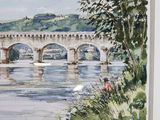 a watercolor painting of a bridge over a body of water