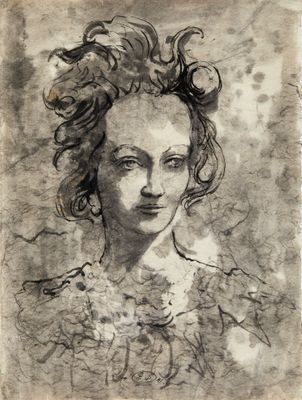 a drawing of a woman ' s head with a bird in her hair