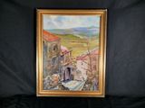 an oil painting of a village scene with a road going through it