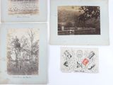 several old photographs of trees and water are displayed on a white surface