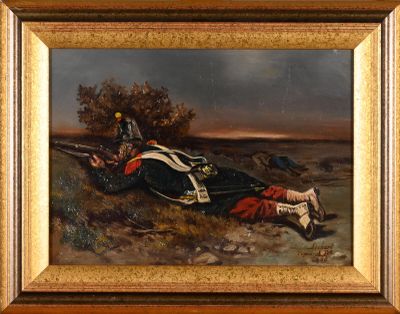 an oil painting of a man laying on the ground with a rifle