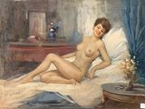 une peinture représentant une femme nue assise sur un lit
