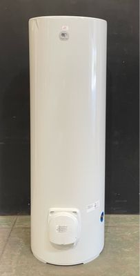 a white water heater sitting on top of a tiled floor
