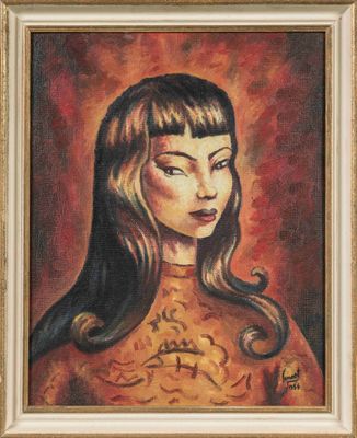 a painting of a woman with long hair in a gold dress