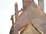 a painting of a house with a fence in front of it