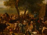 painting of a large group of people and animals in a wooded area