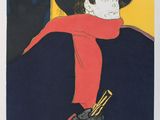 a painting of a man in a hat and scarf holding a cane