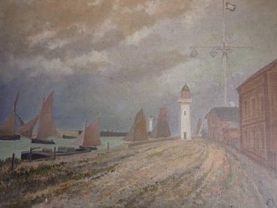 une peinture représentant un phare au bord de la route