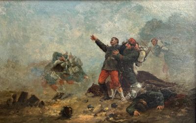 tableau représentant un groupe d'hommes debout au sommet d'une colline